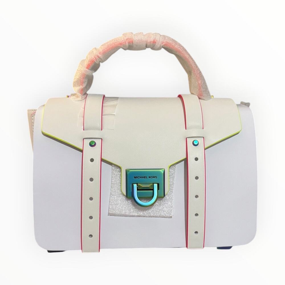 Michael Kors Manhattan Medium White Neon Satchel Crossbody Iridescent NWT
